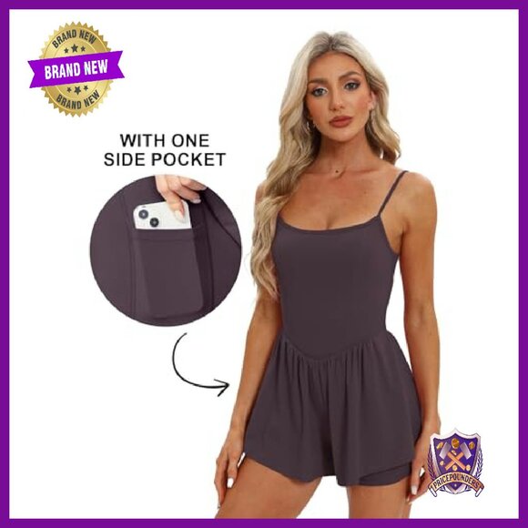 Women's Sleeveless Athletic Romper Spaghetti Strap Double Lined Shorts Jumpsuit - Picture 4 of 7